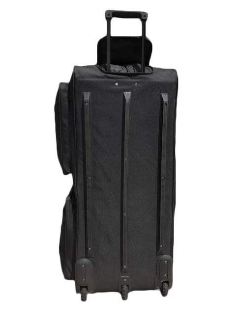 Front view of Gothamite 36-inch rolling duffle bag in black with wheels and retractable handle