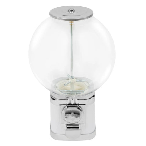 White Coin Operated Vending Cabinet And Premium Candy Dispenser For Home Arcade Or Retail Counter showing a clear globe and chrome base.