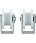 Front view of two Heavy Duty Nylon Caster Wheels With Groove Sliding Track Roller Directional Pulley 201 Stainless Steel Bearings.