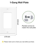 One Gang Decorator Wall Plate Cover 10 Pack for Light Switches and Receptacles Dimmers GFCI USB Outlets White Finish Standard Size 4.52 by 2.75 Inches Easy Install No Fuss next to matching screws.