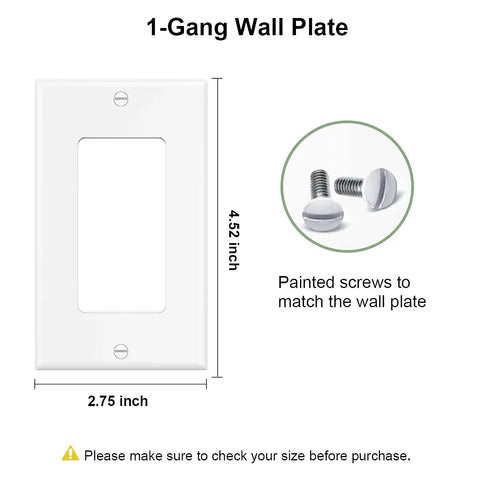 One Gang Decorator Wall Plate Cover 10 Pack for Light Switches and Receptacles Dimmers GFCI USB Outlets White Finish Standard Size 4.52 by 2.75 Inches Easy Install No Fuss next to matching screws.