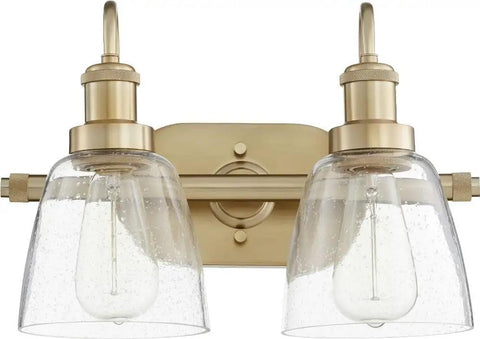 Transitional Two Light Bathroom Vanity In Aged Brass Finish, LED Compatible, Modern Contemporary Fixture, Damp Rated, Clean Lines