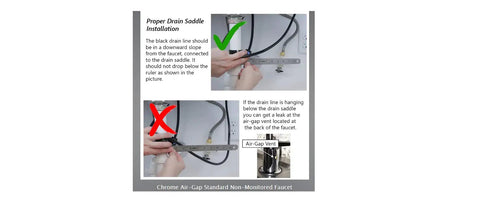 Diagram showing installation of Pureteck Standard Air Gap Auxiliary Faucet for RO systems with correct and incorrect drain saddle setup.