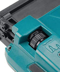 Detail of the depth adjustment on Built Different Heavy Duty 18 Volt Cordless Brad Nailer Holding 110 Nails With No Sweat Depth Adjustment And Sequential Trigger For Fast Finish Carpentry Jobs Renewed Tool Only.