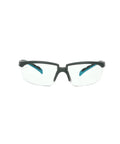 Heavy Duty Safety Glasses With Clear Polycarbonate Lenses And No Sweat Anti Fog Coating Featuring Adjustable Ratchet Temples In Gray And Blue Green