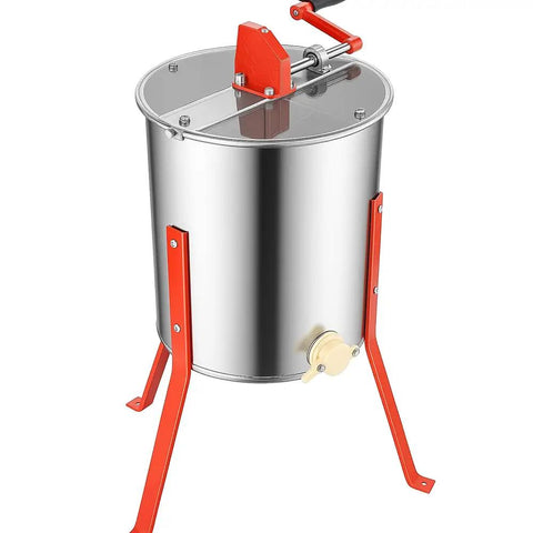 He3Man 3 Frame Beekeeping Drum Honey Extractor With Stand Manual Workhorse 304 Stainless Steel Drum, red stand, hand crank visible