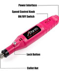 Corded Electric Engraver Pen With Stepless Speed 3000 To 15000 RPM Pro Grade Etching Tool Kit Includes 3 Tungsten Carbide Tips And 3 Diamond Burrs Stencil Included Works On Metal Glass Jewelry Leather Wood Ceramic Plastic showing labeled parts: power interface, speed control knob, on/off switch, lock button, collet nut