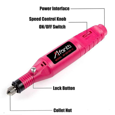 Corded Electric Engraver Pen With Stepless Speed 3000 To 15000 RPM Pro Grade Etching Tool Kit Includes 3 Tungsten Carbide Tips And 3 Diamond Burrs Stencil Included Works On Metal Glass Jewelry Leather Wood Ceramic Plastic showing labeled parts: power interface, speed control knob, on/off switch, lock button, collet nut