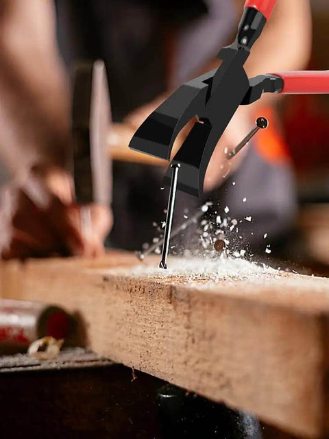 Pro-Grade 7-Inch Sheet Metal Hand Seamer Pliers in use on wooden surface, showing heavy-duty steel with ergonomic anti-slip handle.