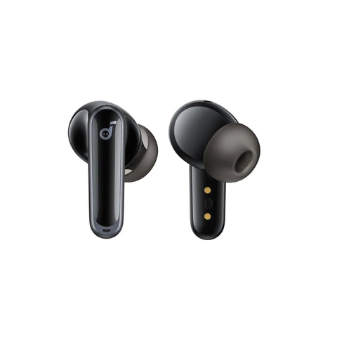 Two Adaptive Noise Cancelling Wireless Earbuds With Hefty Bass Up To 60 Hour All Day Playtime, close-up view.