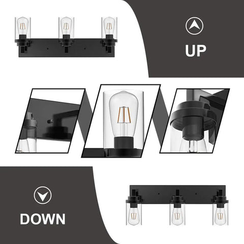 3 Light Dope Vintage Industrial Vanity Lights Over Mirror In Black Finish With Clear Glass Shades Modern Wall Sconce details