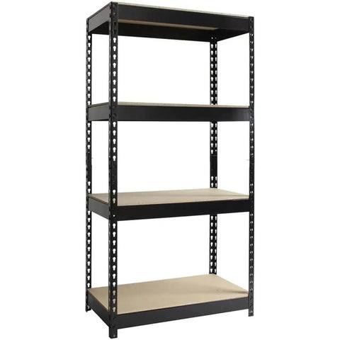 Straight Up Heavy Duty Riveted Metal Shelving Four Shelf Storage Rack Set In Matte Black Steel Garage Organization Unit Built Like A Tank For Any Real Workshop Project