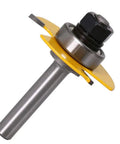 Built Tough One Quarter Inch Shank Slot Cutter Router Bit Set With Six Precision Groove Cutters And Teflon Coated Tungsten Carbide Blades For Flawless Woodworking And Dead Straight Cabinet Projects Every Maker Loves showing a close-up of a slot cutter with yellow guard.
