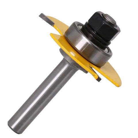 Built Tough One Quarter Inch Shank Slot Cutter Router Bit Set With Six Precision Groove Cutters And Teflon Coated Tungsten Carbide Blades For Flawless Woodworking And Dead Straight Cabinet Projects Every Maker Loves showing a close-up of a slot cutter with yellow guard.