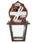 Back view of LED Porch Lantern Outdoor Wall Light In Aged Bronze With Clear Water Glass, 875 lumens, dusk-to-dawn sensor revealed.