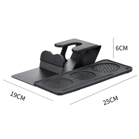 53mm Espresso Tamper Station With Spring Loaded Tamper And WDT Tool For Flawless Pulls shown from above, measuring 25x19x6 cm, black plastic material.
