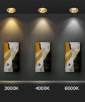 Set Of Eight Slick Dimmable LED Recessed Downlights With Zero Shine Trouble And Solid Brass Housing, showcasing different color temperatures.