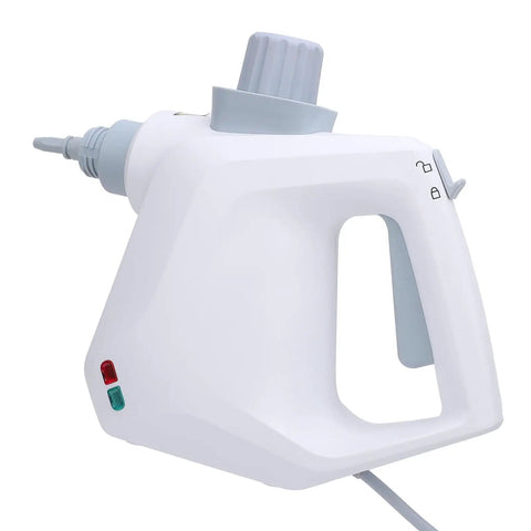 Professional Grade Handheld Steam Cleaner For House And Car Slick Multi Purpose High Temp Steam Wand side view with buttons.