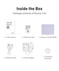 Contents of Brume 3 kit showing user manual, thank you card, Ethernet cable, power adapter, and US plug converter.