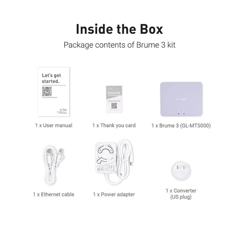 Contents of Brume 3 kit showing user manual, thank you card, Ethernet cable, power adapter, and US plug converter.