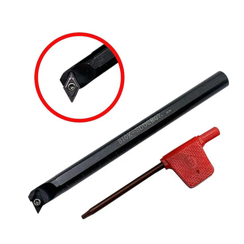 Carbide Turning Inserts And 95 Degree Internal Boring Bar Kit for steel machining, S10K-SDUCR07 bar and red wrench shown.
