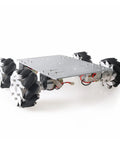 Omni-directional chassis with Beefy 100Mm Mecanum Omni Wheels 4 Pack Durable Steel Robot Car Drive Wheels, nine rollers visible.