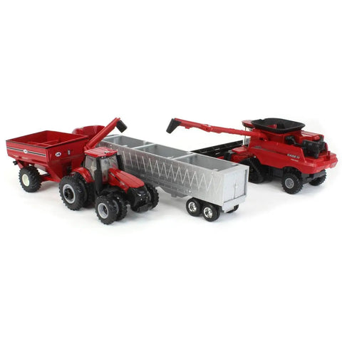 1 To 64 Scale 8250 Combine Harvesting Tractor And Truck Set Diecast with 12 Row Corn Head and Grain Head in detailed display
