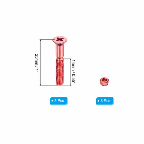 Orange 1 Inch Skateboard Screw And Nut Set For Cruiser With Flat Head Bolts And Nuts Eight Pieces Carbon Steel Grade 8.8 25mm Length