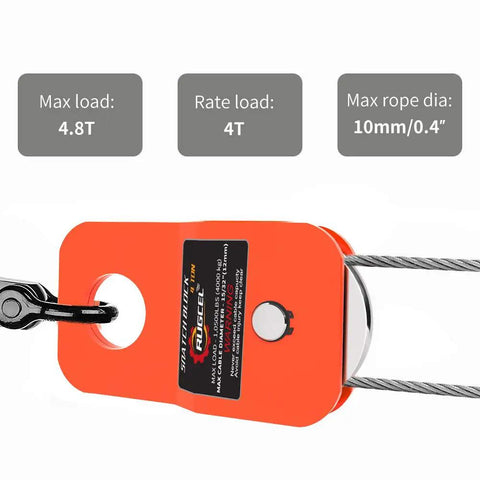 4.8T Snatch Block For Beefy Offroad Winches Orange With Reinforced Stainless Steel Pulley And Anti Corrosion Coating 13,500 Lb Break Strength 8,800 Lb Safe Working Load Compatible With Synthetic Rope Or Steel Cable Up To 0.4 Inch. Orange 4.8T snatch block with stainless pulley and 0.4 in rope capacity