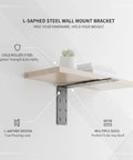 L Shaped Steel Wall Mount Brackets For Floating Shelves In Black, Hidden Hardware Design with cold-rolled steel and shelf illustration.