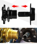 Universal Steering Wheel Quick Release Snap Off Hub Adapter Six Hole Boss Kit For Street Racing And Rally Mods Black Anodized Heavy Duty Aluminum Alloy Build showing parts from different angles for installation.