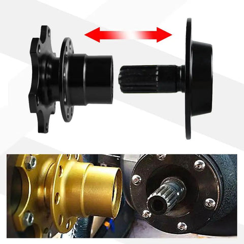 Universal Steering Wheel Quick Release Snap Off Hub Adapter Six Hole Boss Kit For Street Racing And Rally Mods Black Anodized Heavy Duty Aluminum Alloy Build showing parts from different angles for installation.