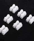 Spring Clamp Terminal Wire Connector Pack 100 Quick Release 2 Pin 10A 220V White Cable Connector for Wiring Harness Easy Snap In Electrical Terminal Blocks Flame Retardant Shell With Elastic Copper Clamp Pins