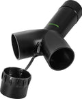 Antistatic Hose Sleeve With Y Adapter And Blanking Plug For Dust Extraction Fits Hoses Diameters 50 36 And 27 Millimeter Black Dual Hose Connector Accessory showing side view with blanking plug detached.
