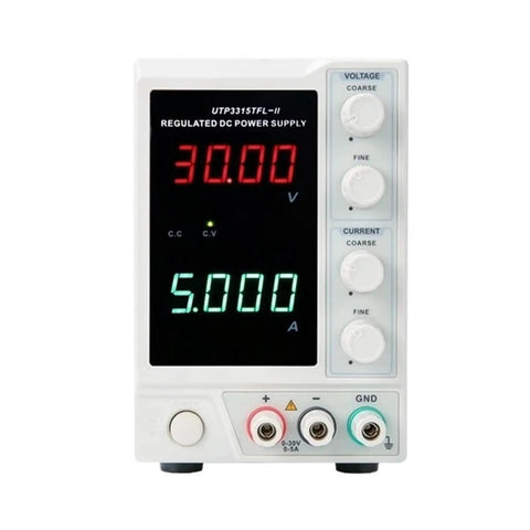 Rock Solid Linear DC Power Supply With Low Ripple For Clean Pure DC Output To Electrical Gear Includes Overvoltage Overcurrent Short Circuit And Overheat Protection Ventilated Case With Heat Dissipation Holes For Reliable Load Power, front view with digital display and knobs