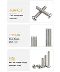 Rock Solid 304 Stainless Steel Machine Screws 20 Pack Quarter Inch By Twenty Threads with Phillips Pan Head and Rust Proof, showing surface and thread details.