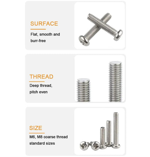 Rock Solid 304 Stainless Steel Machine Screws 20 Pack Quarter Inch By Twenty Threads with Phillips Pan Head and Rust Proof, showing surface and thread details.