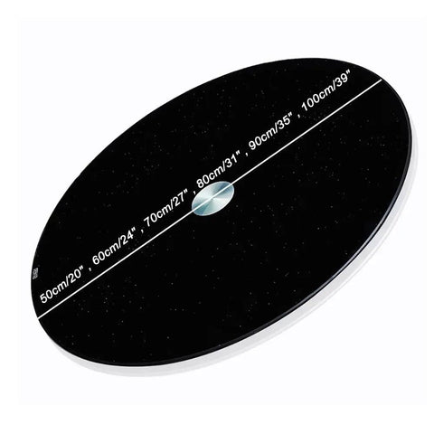 Top Shelf Black Tempered Glass Lazy Susan Turntable 90cm Round Rotating Dining Tray showing size measurement markings.