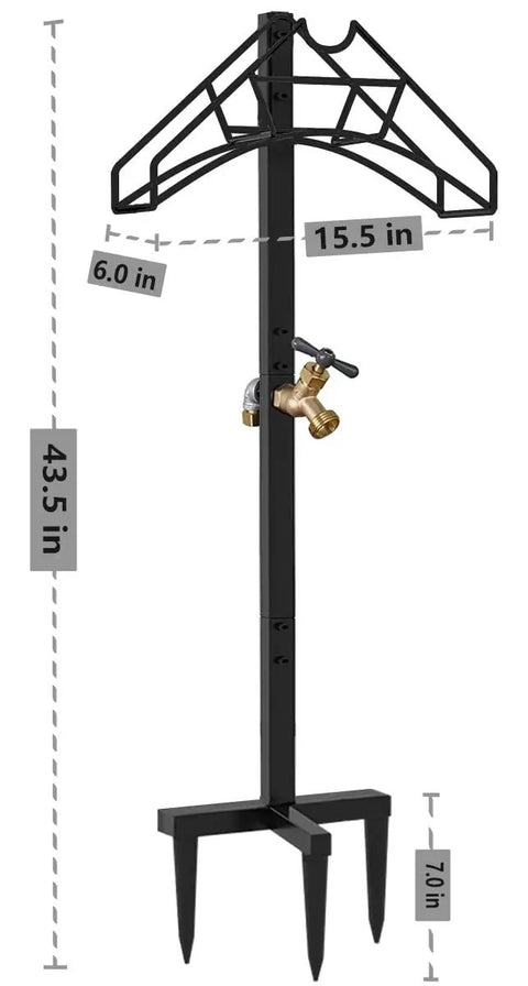 Freestanding Outdoor Hose Holder Stand With Brass Faucet Heavy Duty Metal Water Hose Reel Storage Stake Rack For Backyard Garden Black Hose Not Included, 43.5 inch height with dimensions
