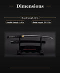 Unsharpened Aluminum Alloy Iaido Wakizashi Iaito for Safe Practice, 20.25 Inch Blade, displayed on black stand with dimensions