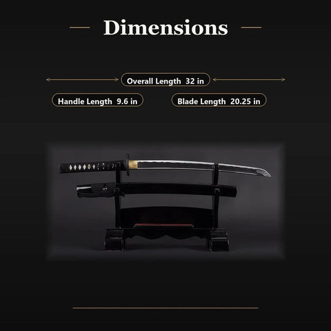 Unsharpened Aluminum Alloy Iaido Wakizashi Iaito for Safe Practice, 20.25 Inch Blade, displayed on black stand with dimensions