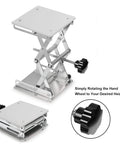 Front view of stainless steel lab scissors jack lift platform, 6x6 in, height adjustable 75–260 mm, 10 kg capacity