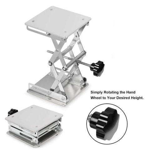 Front view of stainless steel lab scissors jack lift platform, 6x6 in, height adjustable 75–260 mm, 10 kg capacity