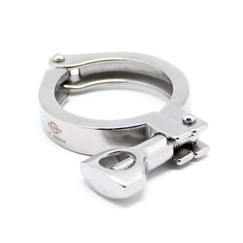 Front view of a 2-inch stainless steel sanitary tri-clamp with single pin lever latch