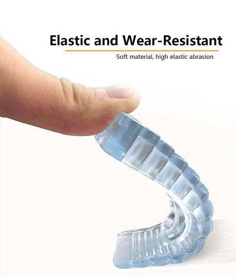 Close-up of four pack clear rubber door stops wedges for floors and patios showing flexible design and anti-slip hollow bottom.