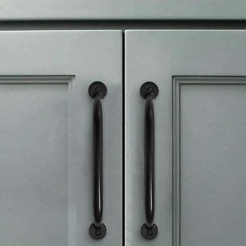Two Pack 3-3/4 Inch Hole Center Matte Black Cabinet Pulls, Heavy Duty Solid Drawer Handles For Kitchen Vanity And Bathroom By CABDM For Cabinets, Drawers, Dressers And More, installed on green cabinet doors