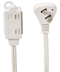 Six Foot Two Prong Indoor Extension Cord Power Strip With Flat Plug And Play Convenience For Wall Flush Space Saver Design 13 Amps 1625 Watts 125 VAC White Two Pack For Home Office And Electronics close-up of plug and switch