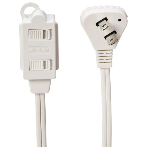 Six Foot Two Prong Indoor Extension Cord Power Strip With Flat Plug And Play Convenience For Wall Flush Space Saver Design 13 Amps 1625 Watts 125 VAC White Two Pack For Home Office And Electronics close-up of plug and switch
