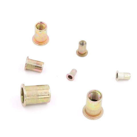 Assorted zinc plated rivnuts from the 165 Piece Mixed Zinc Plated Carbon Steel Rivet Nut Kit With Threaded Rivnuts M3 Through M12.