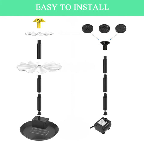 Exploded view of assembly for 3 Tier Solar Bird Bath Fountain Pump With Soaring Waterfall Feature For Birdbath And Backyard Pond